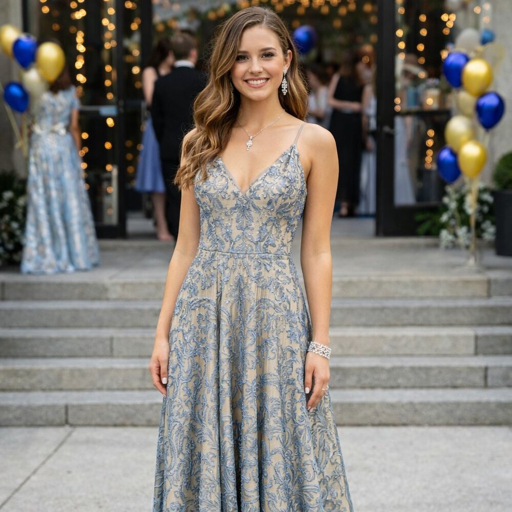 Xtraordinary Blue and Cream Floral Brocade Maxi Gown - Size 7 Juniors